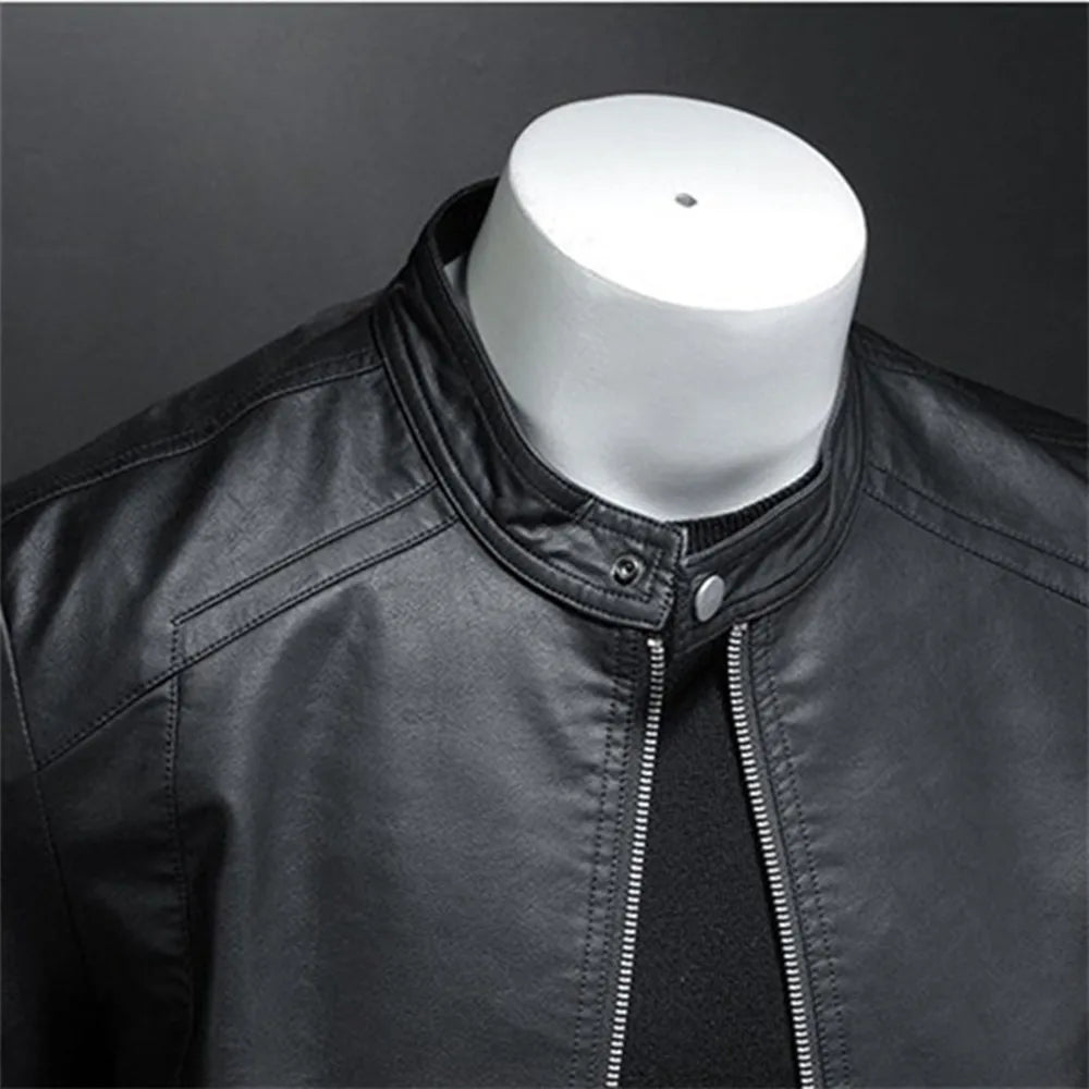 Black men's leather motorcycle jacket with stand collar, slim fit, casual and biker style, from BACKUPMYFILESNOW.COM®.