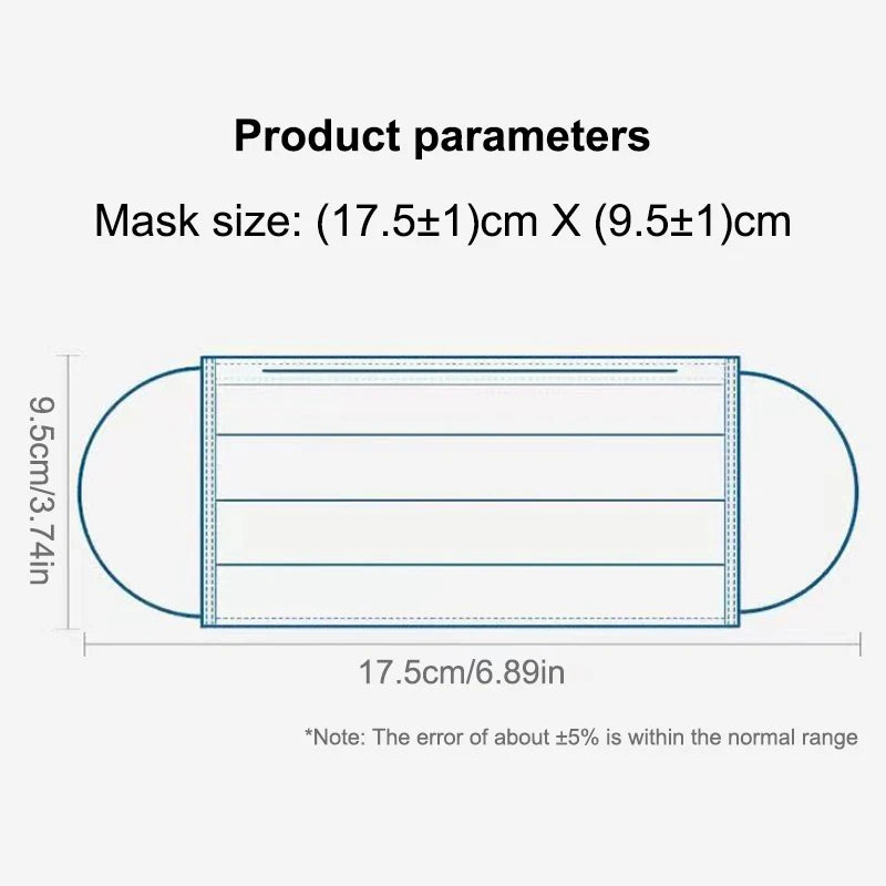 Blue 3-layer disposable face masks for adults, melt-blown cloth, safety anti-dust protective masks in a pack of 50.