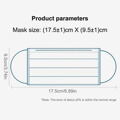 Blue 3-layer disposable face masks for adults, melt-blown cloth, safety anti-dust protective masks in a pack of 50.