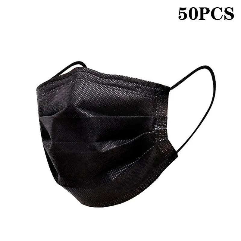 Blue 3-layer disposable face masks for adults, melt-blown cloth protective masks, anti-dust and safety masks, 50-pack.