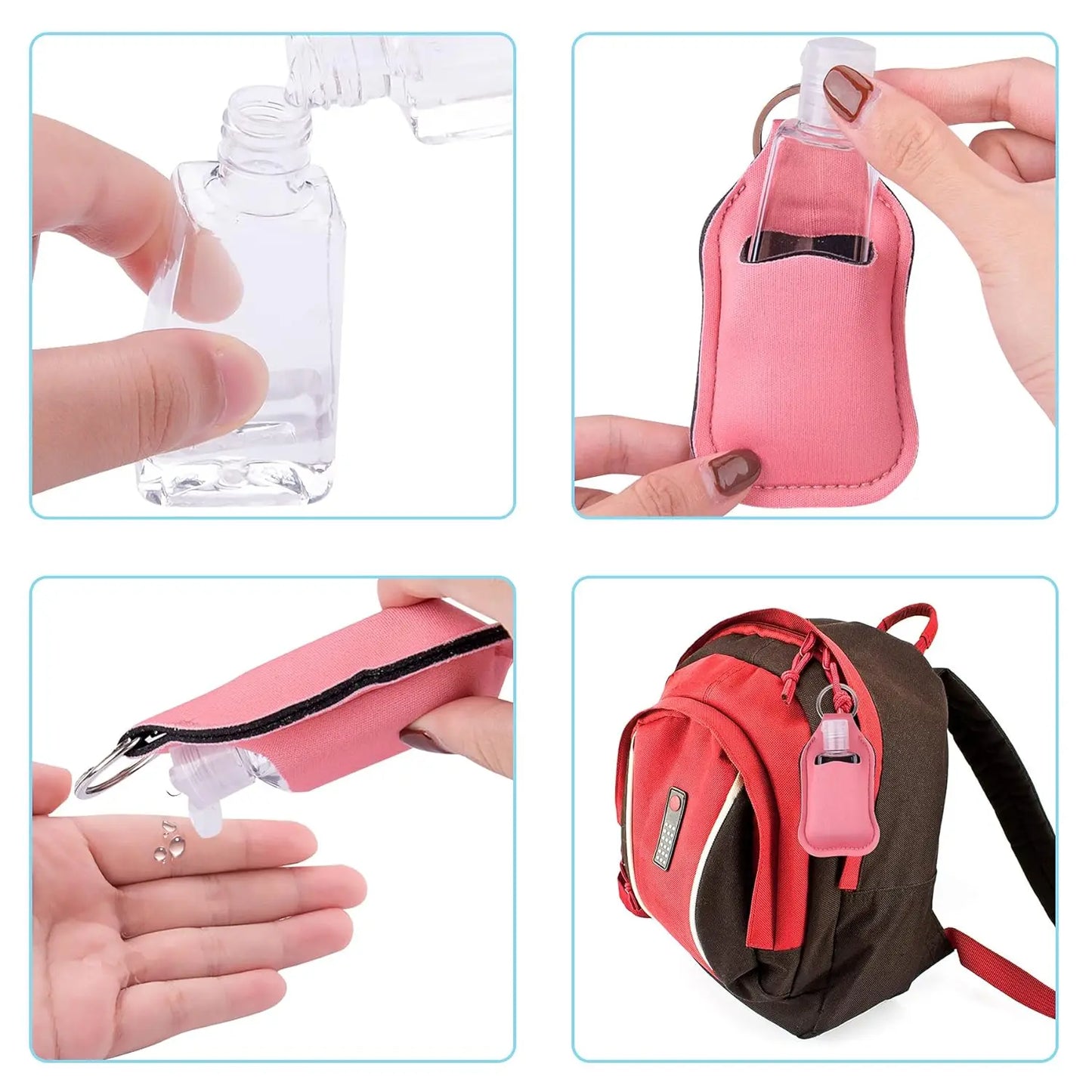 Set of 60 reusable clear travel bottles and hand sanitizer keychain holders for backpacks and purses, ideal for on-the-go sanitizing.
