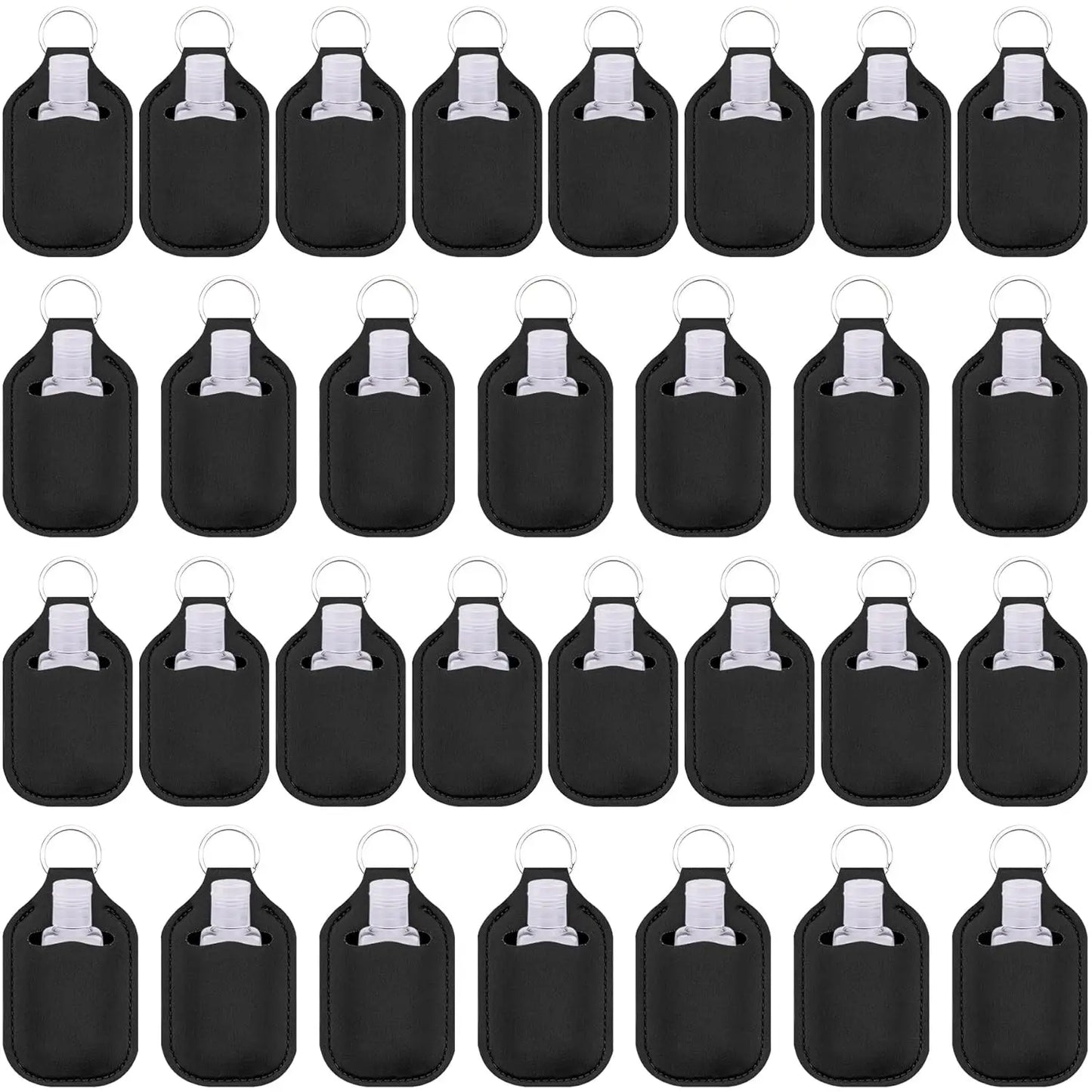 Set of 60 reusable clear hand sanitizer keychain holders and travel bottles for backpacks and purses.