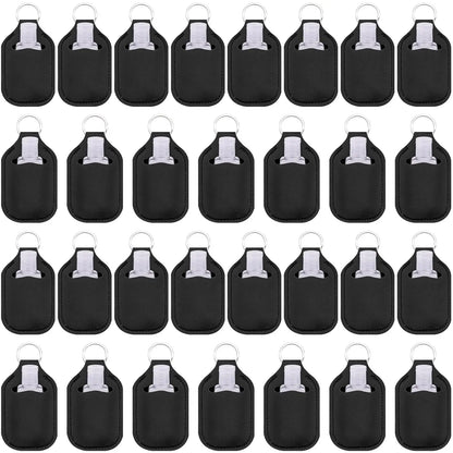 Set of 60 reusable clear hand sanitizer keychain holders and travel bottles for backpacks and purses.