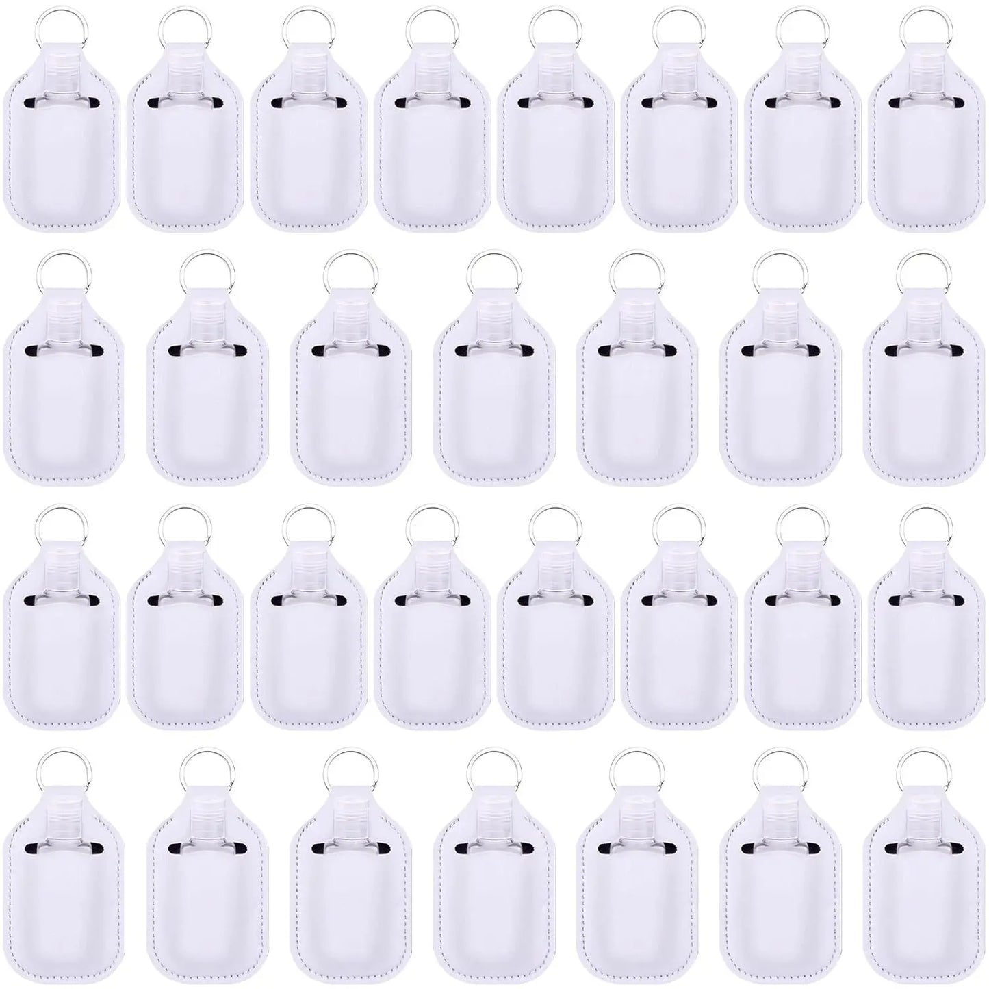 Set of 60 reusable clear hand sanitizer keychain travel bottles and holders for backpacks and purses.