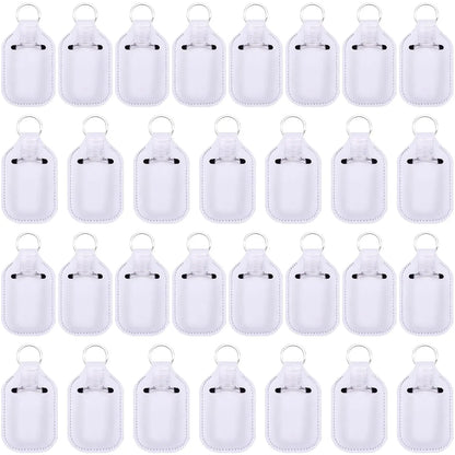 Set of 60 reusable clear hand sanitizer keychain travel bottles and holders for backpacks and purses.