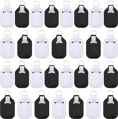 Set of 60 reusable clear hand sanitizer keychain holders and travel bottles for backpacks and purses, by BackupMyFilesNow.com.