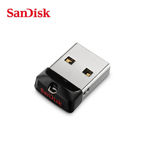 SanDisk super mini metal USB flash drive in black, available in 16GB, 32GB, 64GB, and 128GB, portable storage device.