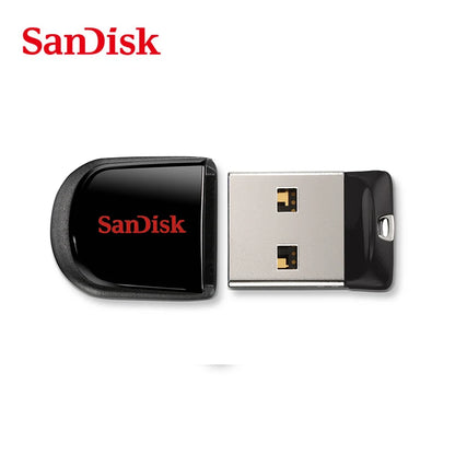 SanDisk super mini metal USB flash drive in black with 16GB, 32GB, 64GB, or 128GB storage, portable and compact.