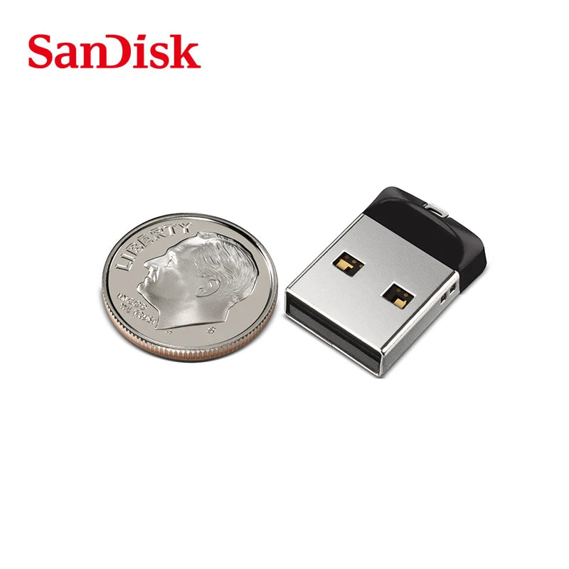 SanDisk super mini metal USB flash drive in black, 64GB capacity, portable storage device with compact design.