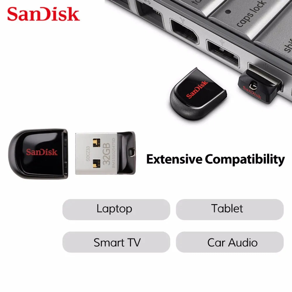 SanDisk super mini metal USB flash drive in black, available in 16GB, 32GB, 64GB, and 128GB for portable storage.