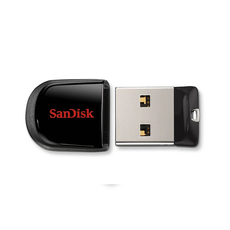 Black SanDisk super mini metal USB flash drive with 64GB storage, portable design, and sleek metal body.