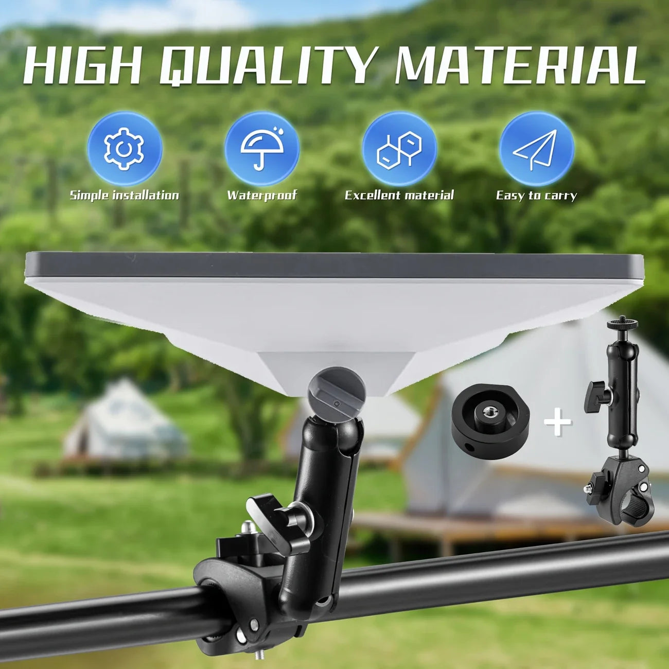 Black 8-inch Starlink bracket with adjustable 360° rotation, designed for outdoor satellite antenna installation.