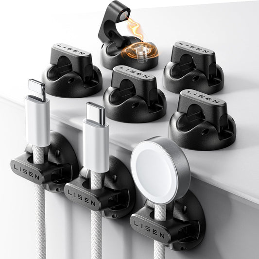Set of 8 black LISEN cable clips for desk and home office, with adhesive pads for organizing cords and cables in various settings.