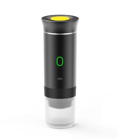 Black portable coffee machine by BACKUPMYFILESNOW.COM® with compact design and built-in cup, perfect for on-the-go brewing.