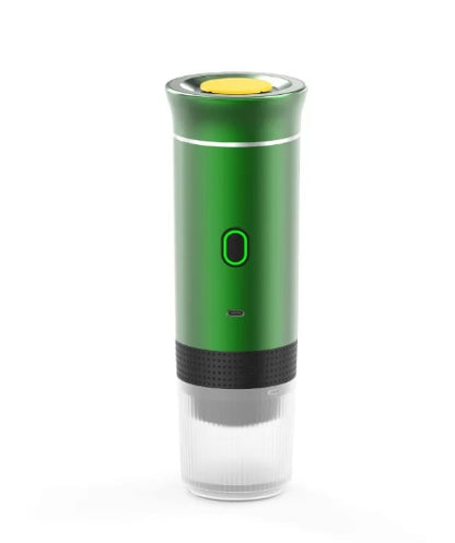 Black portable coffee machine by BACKUPMYFILESNOW.COM® with compact design, ideal for brewing coffee on the go.
