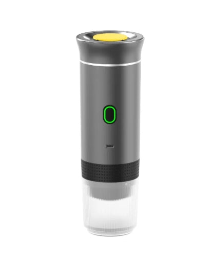Black portable coffee machine by BACKUPMYFILESNOW.COM® with compact design, ideal for brewing coffee on the go.