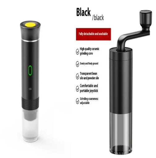 Black portable coffee machine from BACKUPMYFILESNOW.COM® with compact design and user-friendly controls.