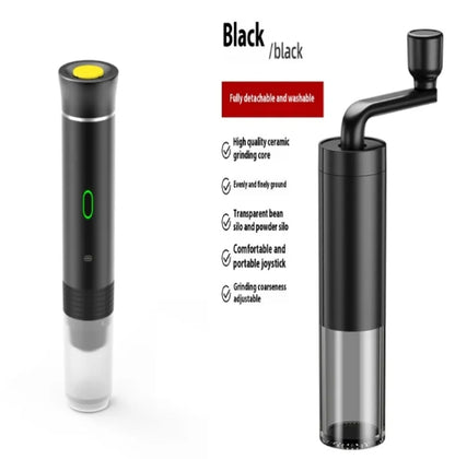 Black portable coffee machine from BACKUPMYFILESNOW.COM® with compact design and user-friendly controls.