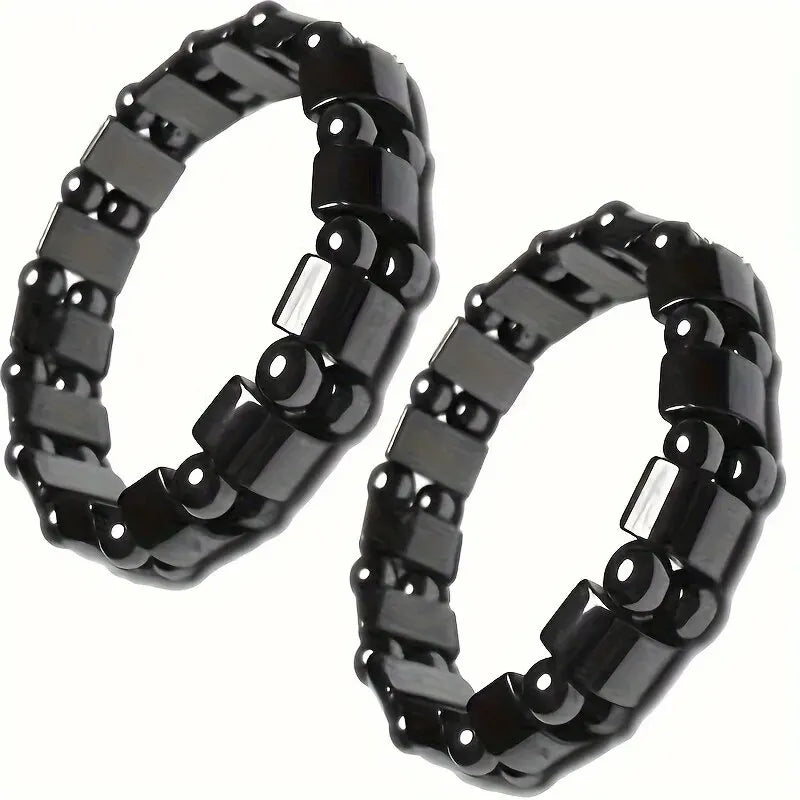 Black gallstone magnetic bracelet with double-row beads for men and women, featuring sleek, polished magnetic energy design.