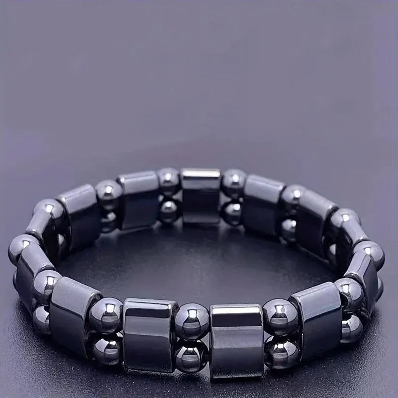 Black gallstone magnetic bracelet for men and women featuring double row beads with magnetic energy, stylish and adjustable.