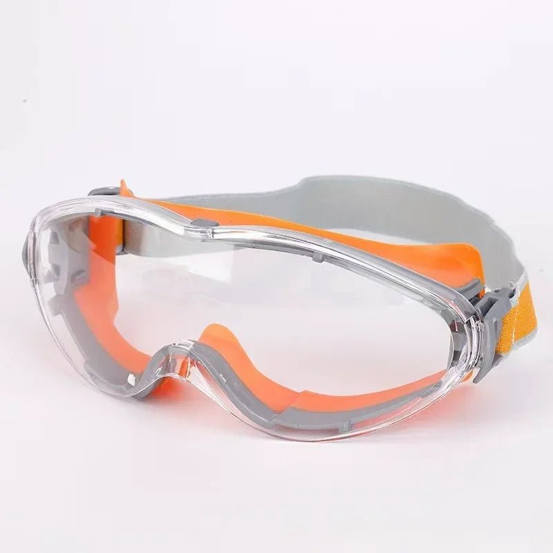Black industrial safety goggles with anti-fog, anti-dust, anti-scratch lenses, impact-proof for cycling and mountaineering.