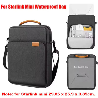 Black waterproof travel storage bag for Starlink Mini, with shoulder strap and crossbody design, for portable Starlink Mini accessories.