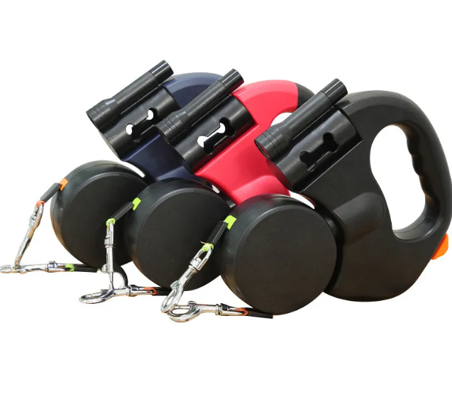Black Auto Double Dog Leash by BackupMyFilesNow.com showing adjustable straps and secure clip hooks for walking two dogs simultaneously.