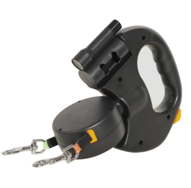 Black auto double dog leash by BackupMyFilesNow.com showing a durable leash with two clips for walking two dogs simultaneously.