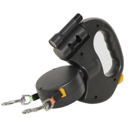 Black auto double dog leash by BackupMyFilesNow.com showing a durable leash with two clips for walking two dogs simultaneously.
