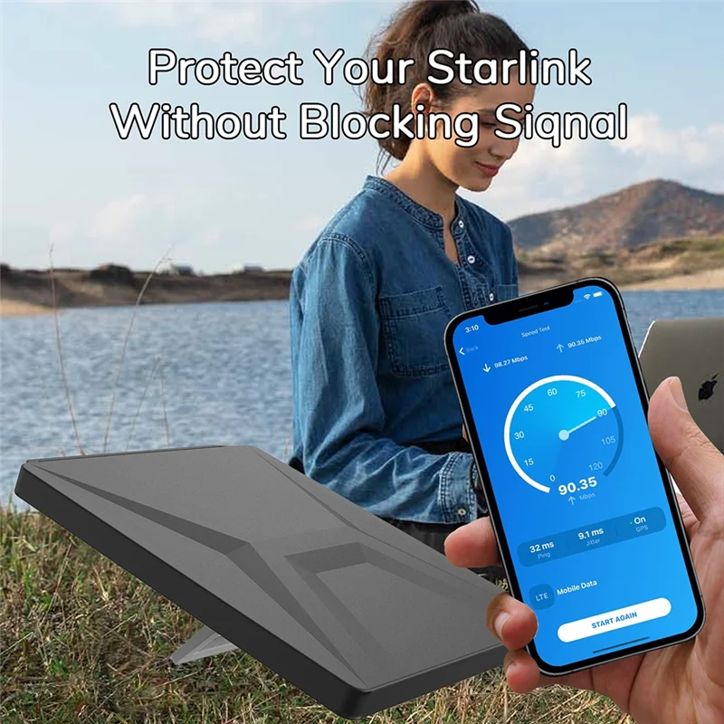 Black silicone protective cover with carabiner for Starlink Mini, offering full coverage and outdoor portability.