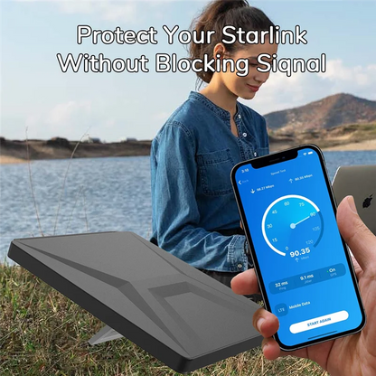 Black silicone protective cover with carabiner for Starlink Mini, offering full coverage and outdoor portability.