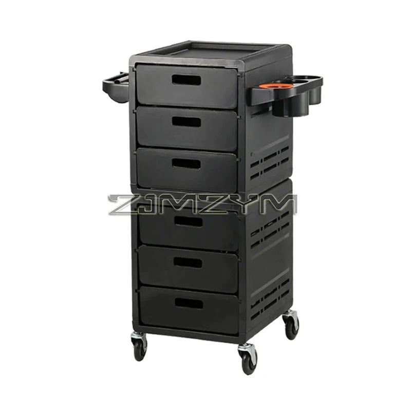 Black barber trolley with high-capacity hair cabinet, rolling tool tray, and multifunctional storage cart for salon or barber shop use.