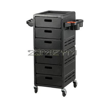 Black barber trolley with high-capacity hair cabinet, rolling tool tray, and multifunctional storage cart for salon or barber shop use.