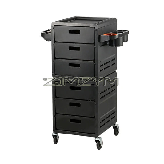 Black barber trolley with high-capacity hair cabinet, rolling tool tray, and multifunctional storage cart for salon or barber shop use.