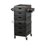 Black barber trolley with high-capacity hair cabinet, rolling tool tray, and multifunctional storage cart for salon or barber shop use.