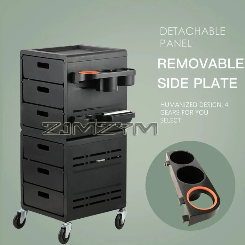 Black barber trolley with high-capacity storage, rolling hair cabinet, tool tray, and multifunctional service cart for salon use.