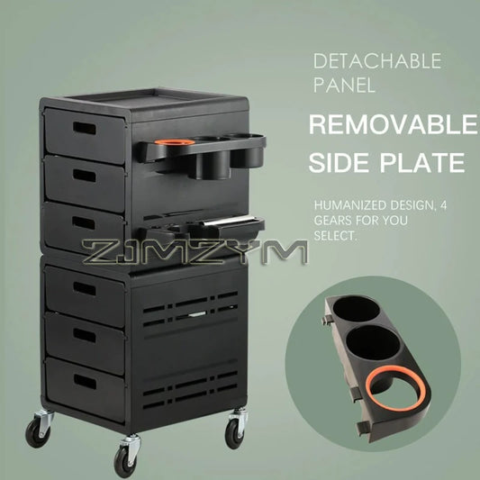 Black barber trolley with high-capacity storage, rolling hair cabinet, tool tray, and multifunctional service cart for salon use.