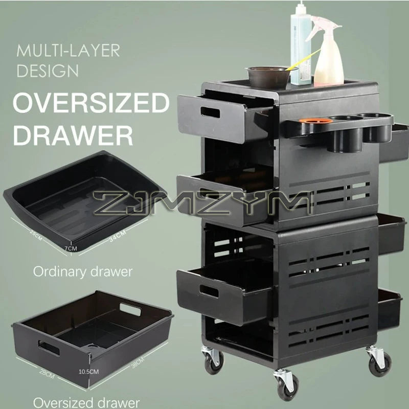 Black barber trolley with high-capacity hair cabinet, rolling design, tool tray, and multifunctional storage stand for salon use.