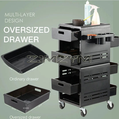 Black barber trolley with high-capacity hair cabinet, rolling design, tool tray, and multifunctional storage stand for salon use.