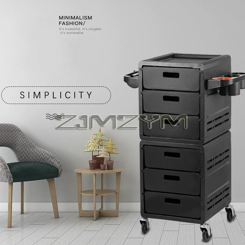 Black barber trolley with high-capacity storage, rolling hair cabinet and multifunctional service cart for salon tools and equipment.