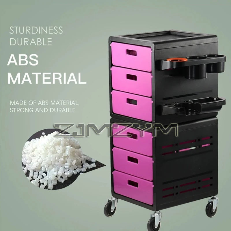 Black barber trolley with high-capacity storage, rolling hair cabinet, tool tray, and multifunctional service cart for salon use
