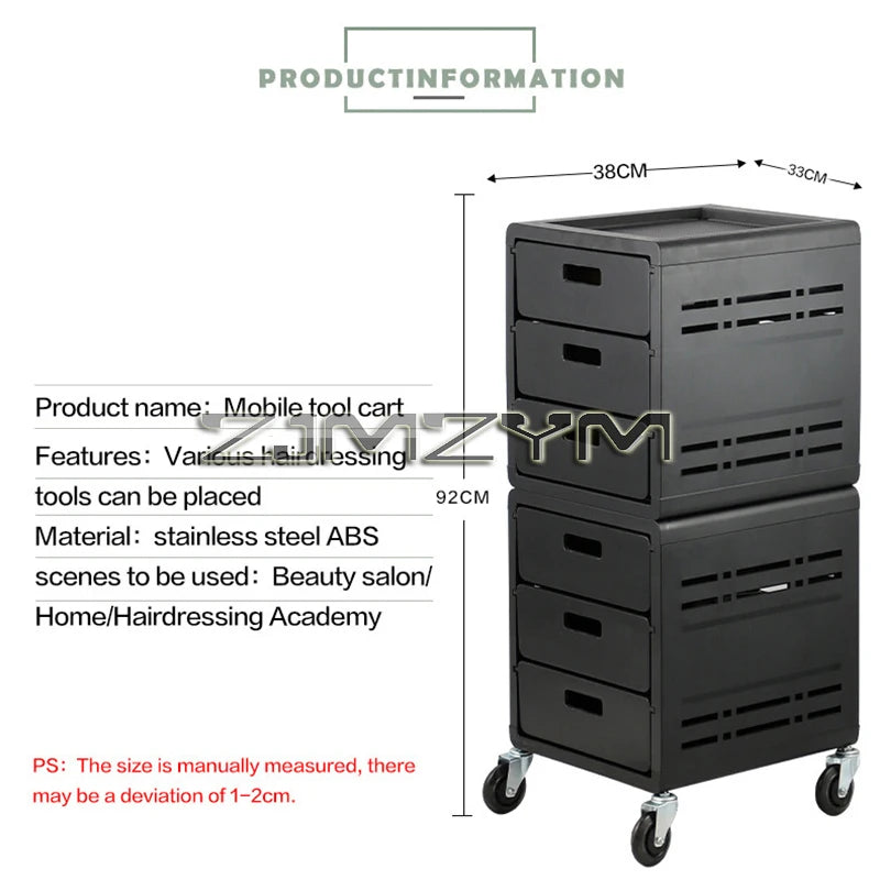 Black barber trolley with high-capacity storage, rolling hair cabinet, and multifunctional tool tray for salon or barber shop use.