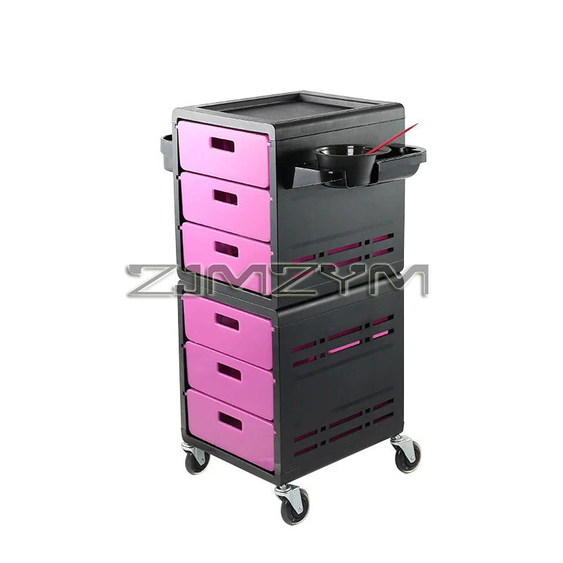 Black barber trolley with high-capacity storage, rolling hair cabinet, tool tray, and multifunctional service cart for salon use.
