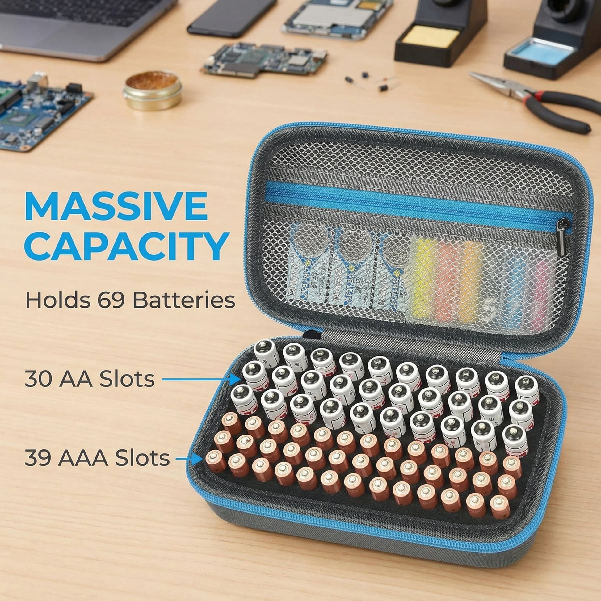 Black BackupMyFilesNow battery storage bag with foam slots and mesh pocket, holds 69+ AA, AAA, C, 9V, and 3V lithium batteries.