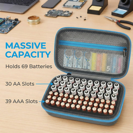 Black BackupMyFilesNow battery storage bag with foam slots and mesh pocket, holds 69+ AA, AAA, C, 9V, and 3V lithium batteries.