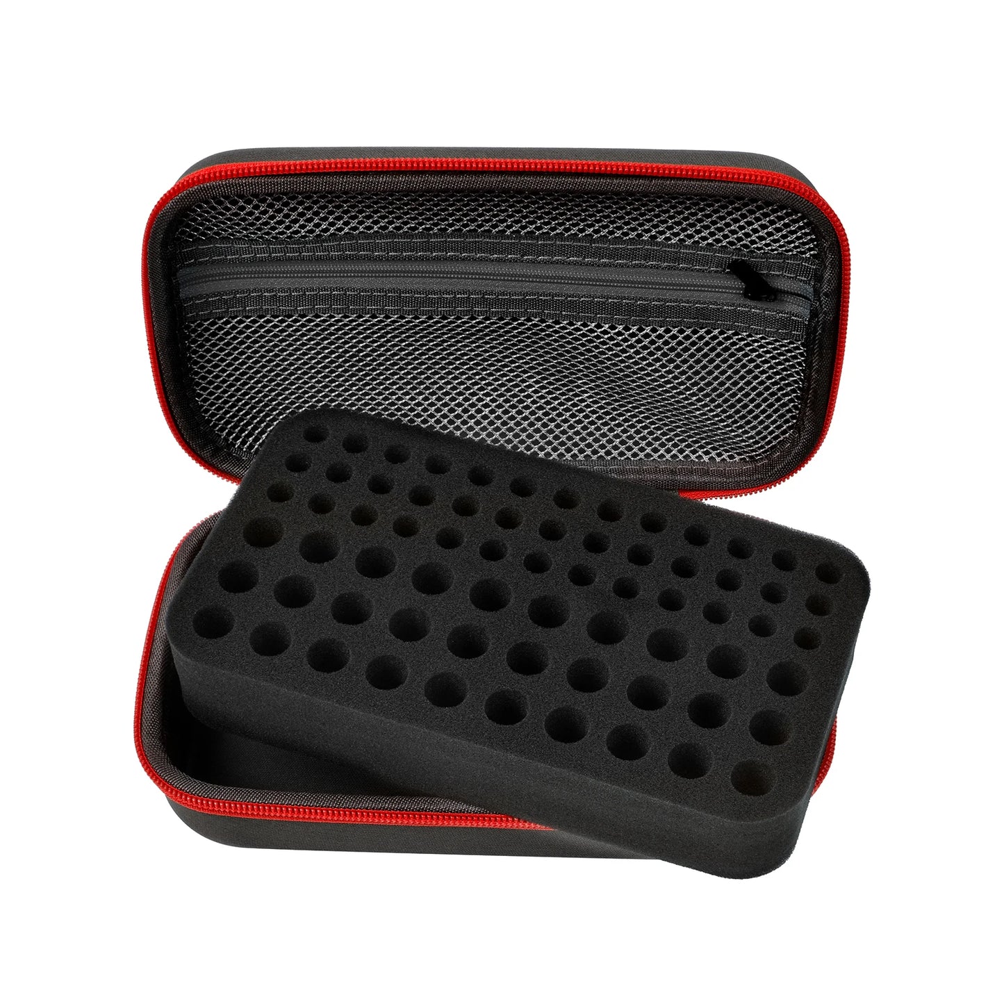 Black BackupMyFilesNow battery storage bag with foam slots and mesh pocket for holding 69+ AA, AAA, C, 9V, and 3V lithium batteries.