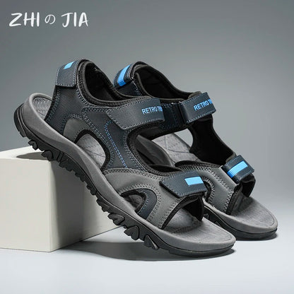 Black and blue men's summer sandals with breathable, quick-drying material, flat bottom, non-slip soles, suitable for beach and driving.