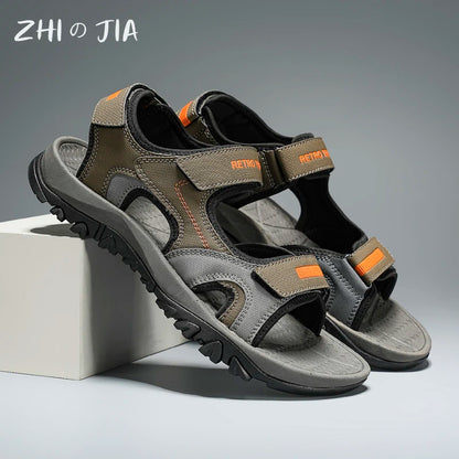 Black and blue men's summer sandals with breathable quick-drying material, flat soles, and non-slip design for beach and driving.