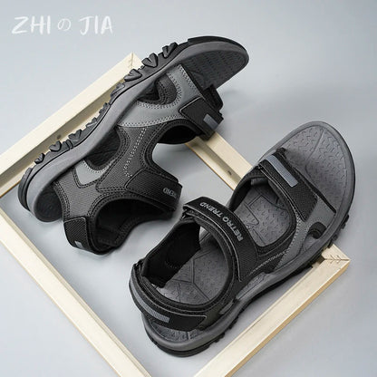 Black and blue men's summer water sandals with breathable quick-drying material, flat bottom, and non-slip sole for beach and driving.