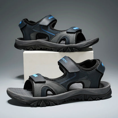 Black and blue men's summer beach sandals with breathable quick-drying material, flat bottom, and non-slip sole for comfortable walking.